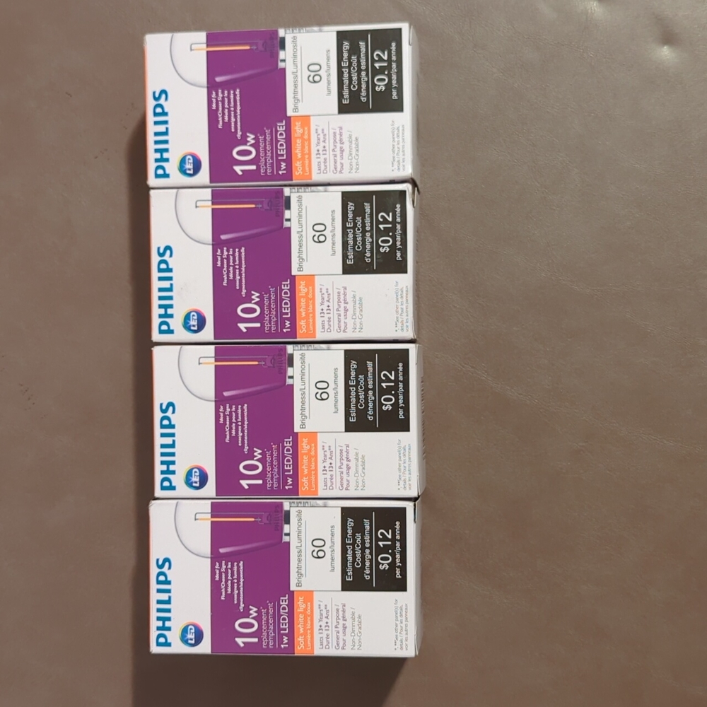 4 Philips LED 10w Replacement 1w LED/DEL 60 Lumens Gen Purpose Light Bulb